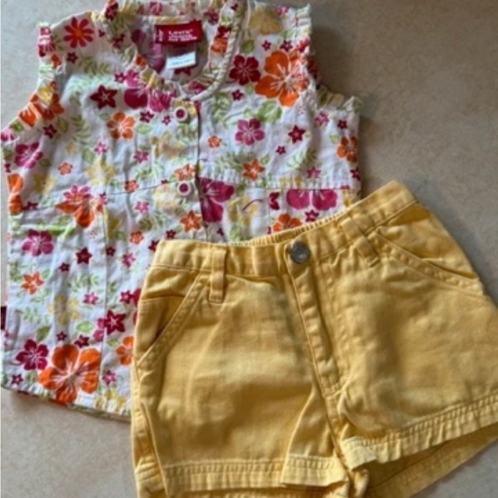 Children's Floral Button-Front Top & Yellow Shorts Set